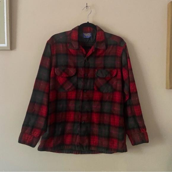 Pendleton• vintage red green wool flannel plaid button up shirt - Picture 12 of 13